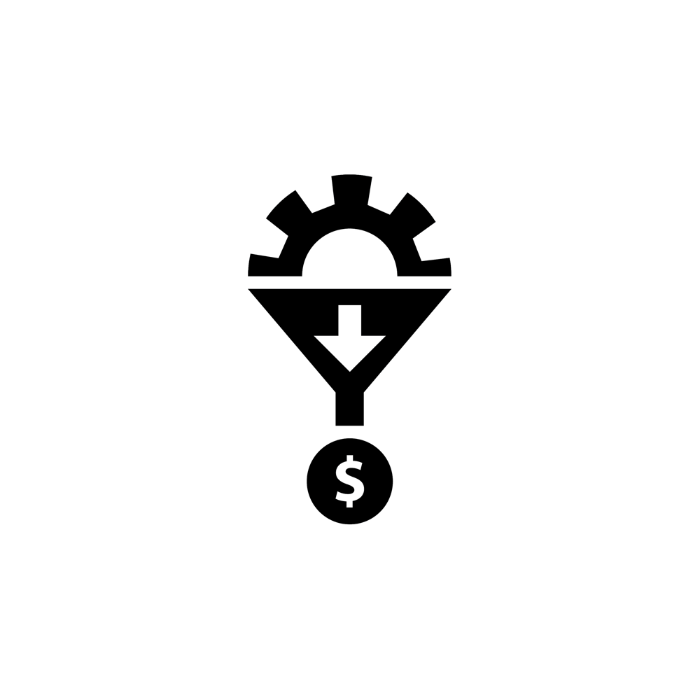 a gear enters a funnel and comes out as money